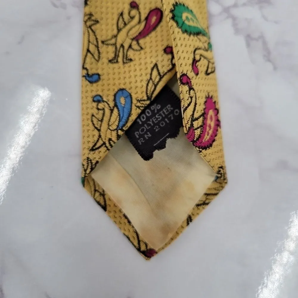 Necktie Partridge Paisley Print Gold Men's Vintage Tie 70s